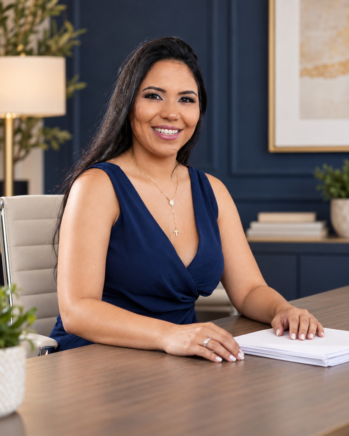 Friendherlyn Utrera sonriendo en su escritorio junto a una pila de documentos