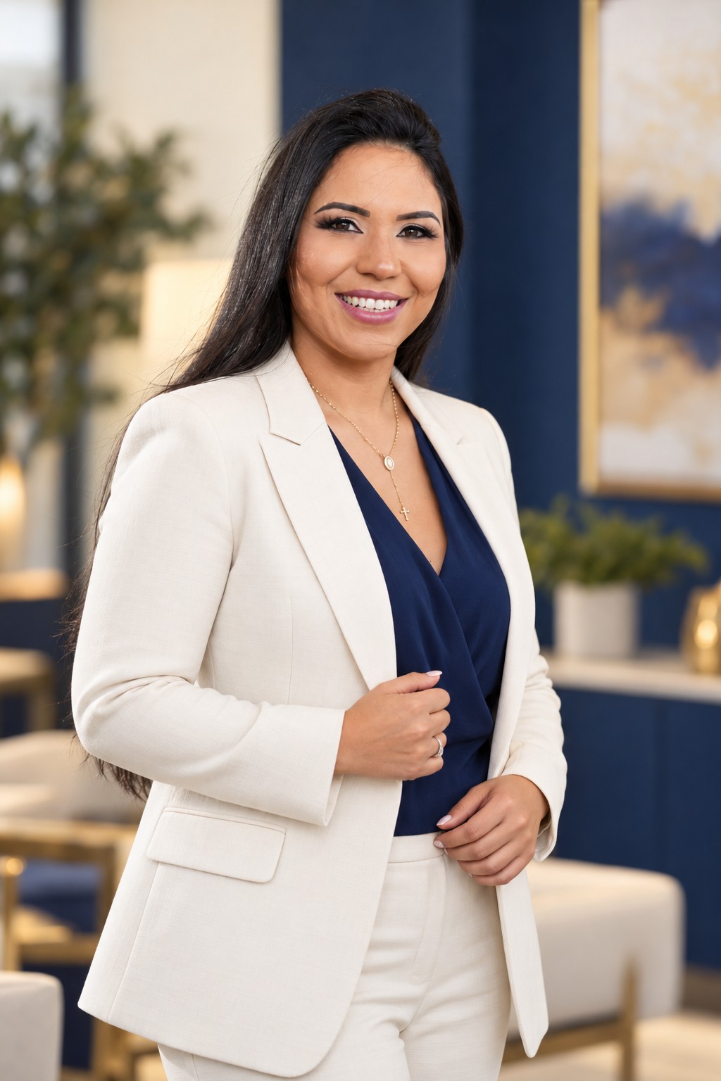 Friendherlyn Utrera sonriendo con blazer blanco en su oficina