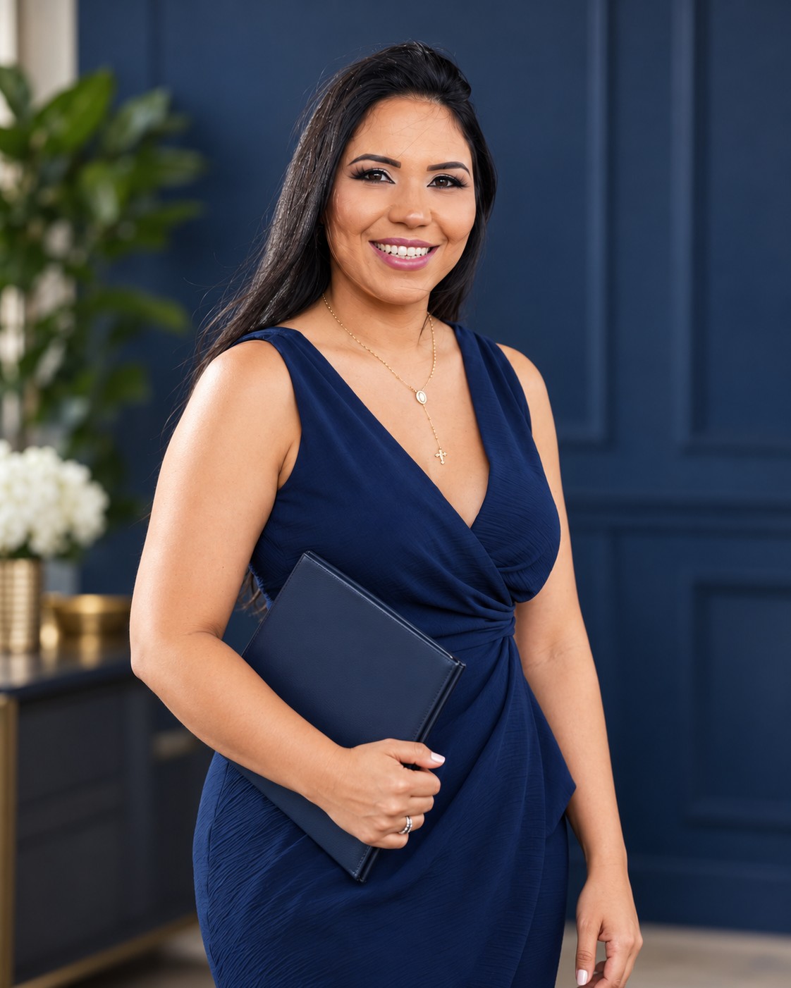 Friendherlyn Utrera sonriendo con una carpeta de documentos